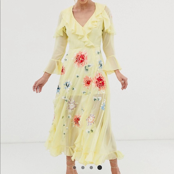 asos yellow embroidered dress ASOS Yellow Embroidered Halter Neck Mini Puff Dress In Lemon UK 8 main image 0